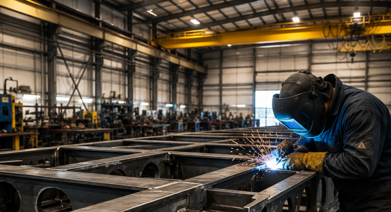Industrial welder fabricating a large steel assembly inside a heavy metal fabrication facility.
